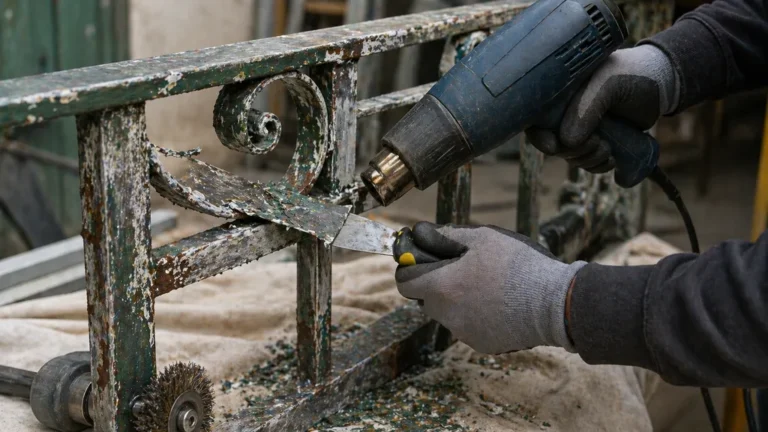 Décapage d’une peinture sur métal avec décapeur thermique et spatule sur une rambarde ancienne rouillée.
