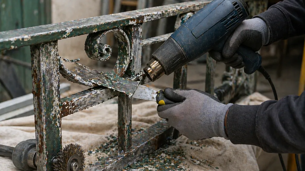 Décapage d’une peinture sur métal avec décapeur thermique et spatule sur une rambarde ancienne rouillée.