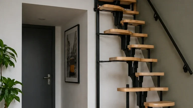Escalier pas japonais en bois et métal installé dans un petit espace intérieur pour accéder à une mezzanine.