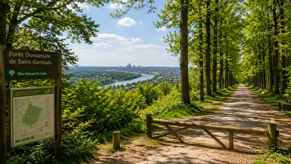 Allée boisée de la forêt domaniale de Saint-Germain-en-Laye avec vue sur la Seine et la région parisienne.