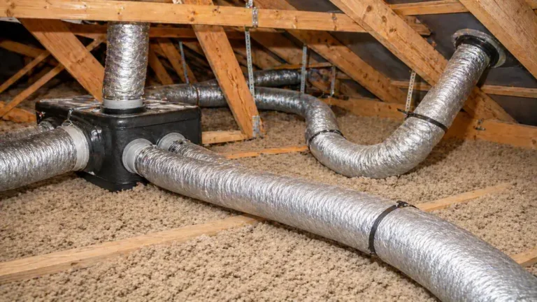 Gaines isolées VMC installées dans des combles non chauffés avec caisson de ventilation et isolation sous toiture.