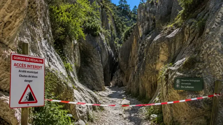 Entrée interdite des Gorges de Régalon dans le Luberon avec panneau de danger et parois rocheuses calcaires