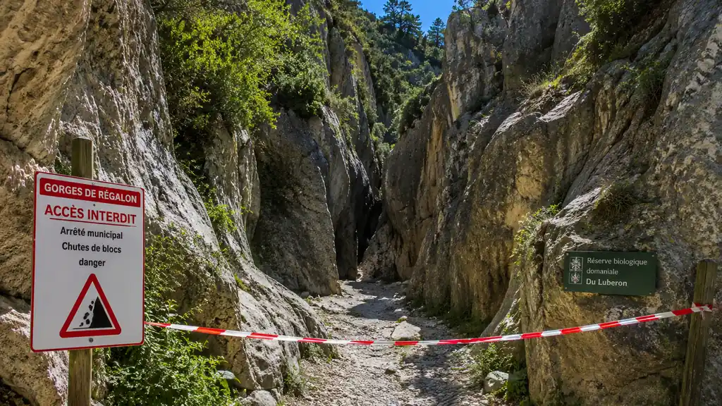 Entrée interdite des Gorges de Régalon dans le Luberon avec panneau de danger et parois rocheuses calcaires