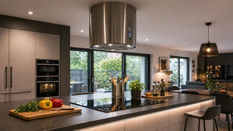 Hotte d’îlot central suspendue au-dessus d’une plaque de cuisson dans une cuisine ouverte moderne.