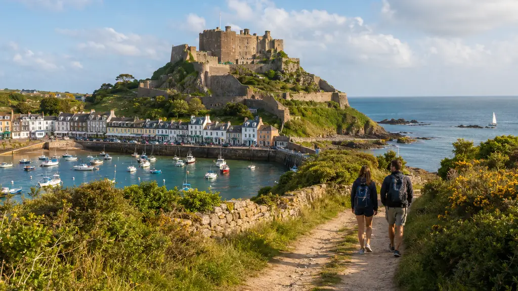 Sentier côtier sur l’île de Jersey avec château médiéval, port et mer turquoise.