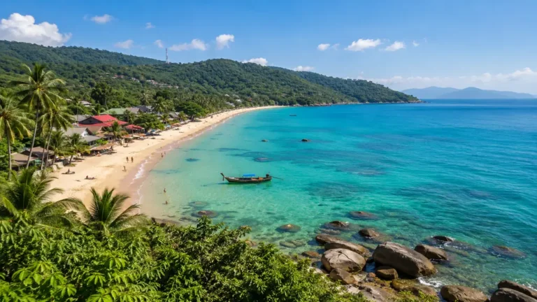 Plage tropicale de Koh Lanta en Thaïlande avec eau turquoise, palmiers, bateau traditionnel et collines verdoyantes.