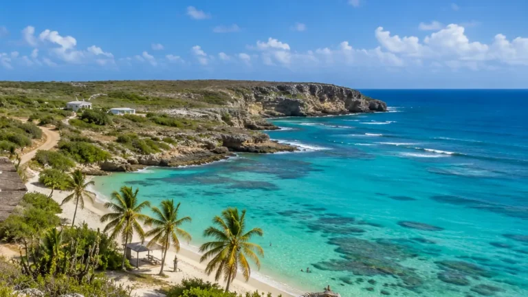 Vue réaliste de l’île La Désirade en Guadeloupe avec eau turquoise, plage sauvage, falaises calcaires et iguane.