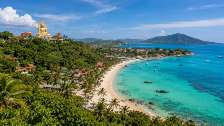 Plage tropicale de Koh Samui avec eau turquoise, palmiers et Big Buddha.