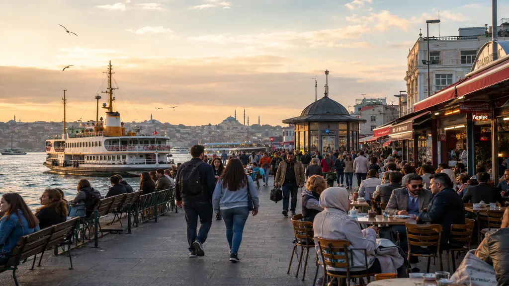Promenade animée à Kadikoy Istanbul au coucher du soleil avec ferry, cafés et vue sur le Bosphore.