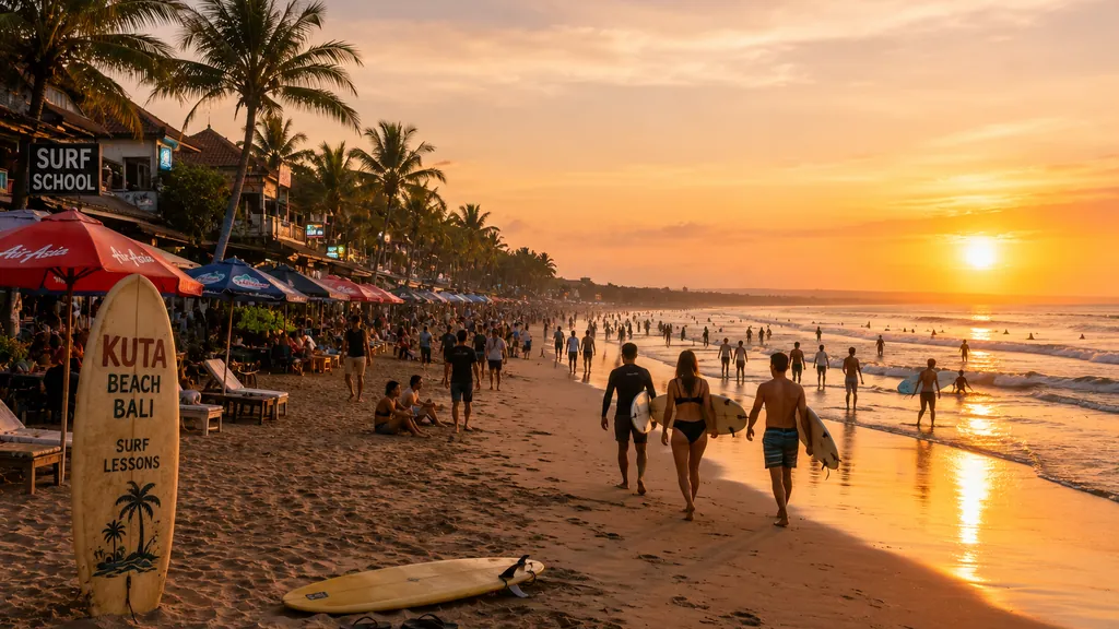 Plage de Kuta à Bali au coucher du soleil avec surfeurs, palmiers et ambiance animée en bord de mer