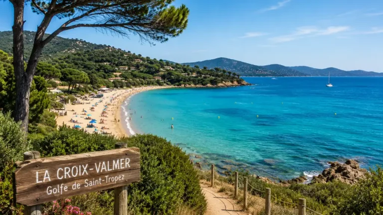 Plage de La Croix-Valmer avec eau turquoise, pins méditerranéens et vue sur le golfe de Saint-Tropez.