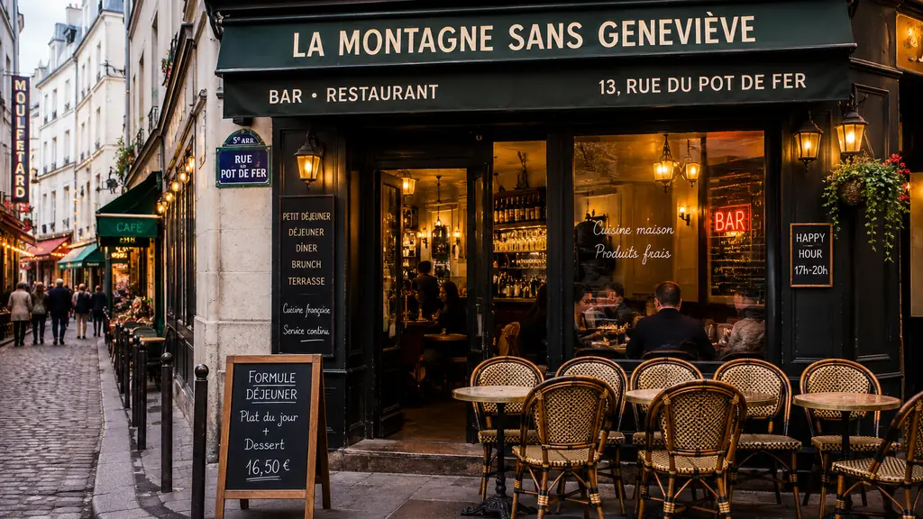 Façade d’un bar-restaurant parisien dans le Quartier Latin avec terrasse, tables en rotin et ambiance conviviale rue du Pot de Fer.