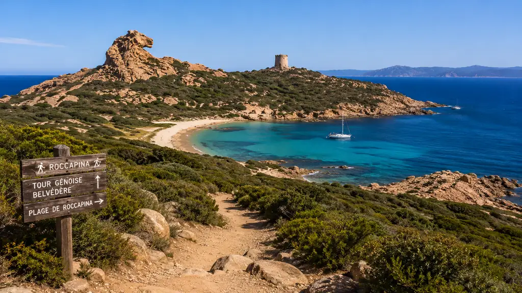 Lion de Roccapina en Corse avec tour génoise, plage turquoise et maquis.