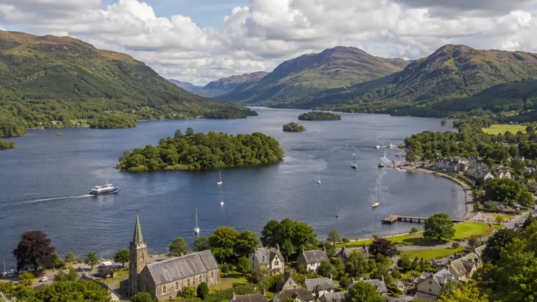 Vue panoramique du Loch Lomond en Écosse avec village, lac, bateaux et montagnes des Highlands.