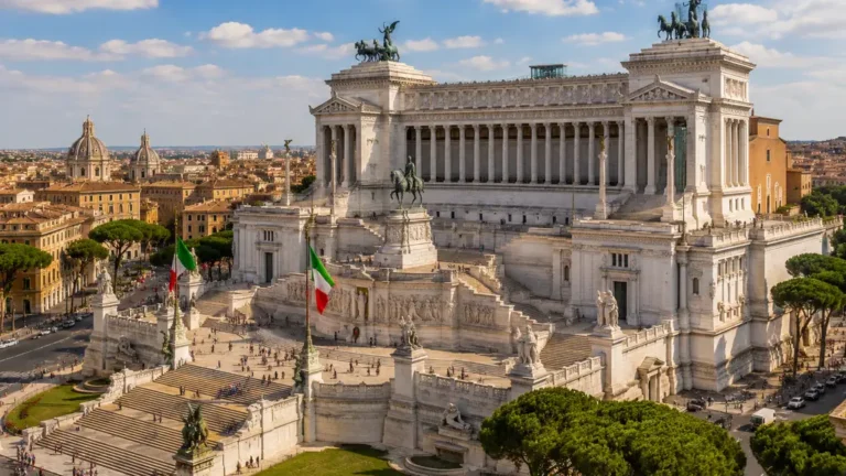 Monument à Victor-Emmanuel II à Rome avec sa façade de marbre blanc, ses statues et la vue sur la ville.