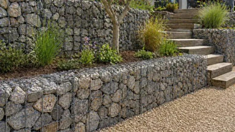 Mur en gabion en pierres naturelles utilisé comme soutènement dans un jardin paysager avec escalier extérieur.