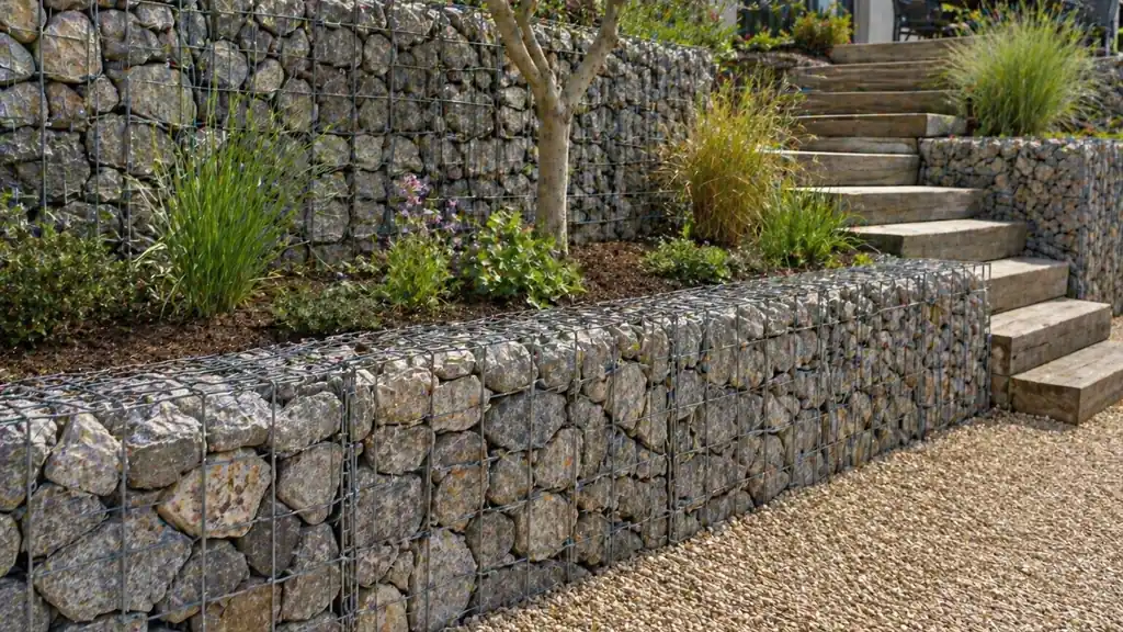 Mur en gabion en pierres naturelles utilisé comme soutènement dans un jardin paysager avec escalier extérieur.
