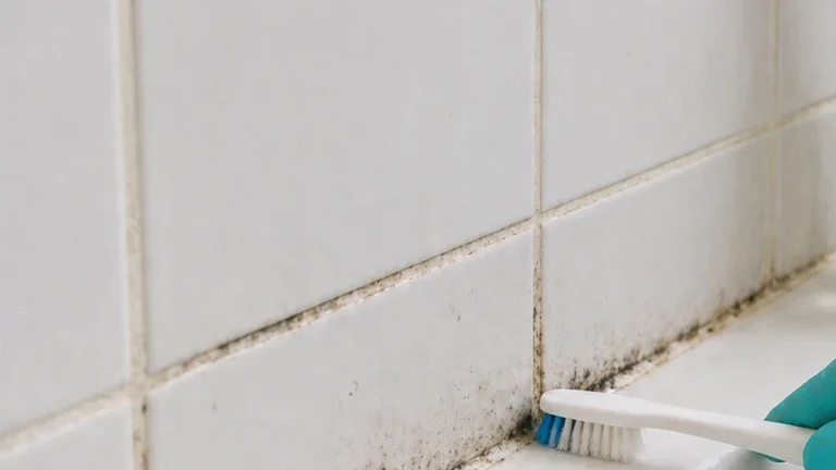 Nettoyage d’un joint de salle de bain noirci avec une brosse sur du carrelage blanc humide.