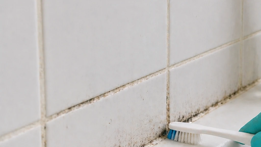 Nettoyage d’un joint de salle de bain noirci avec une brosse sur du carrelage blanc humide.