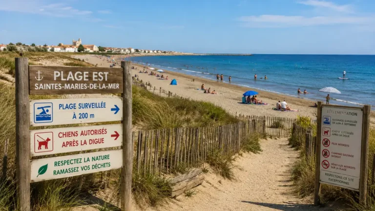 Plage sauvage aux Saintes-Maries-de-la-Mer avec dunes, mer Méditerranée et paysage naturel de Camargue