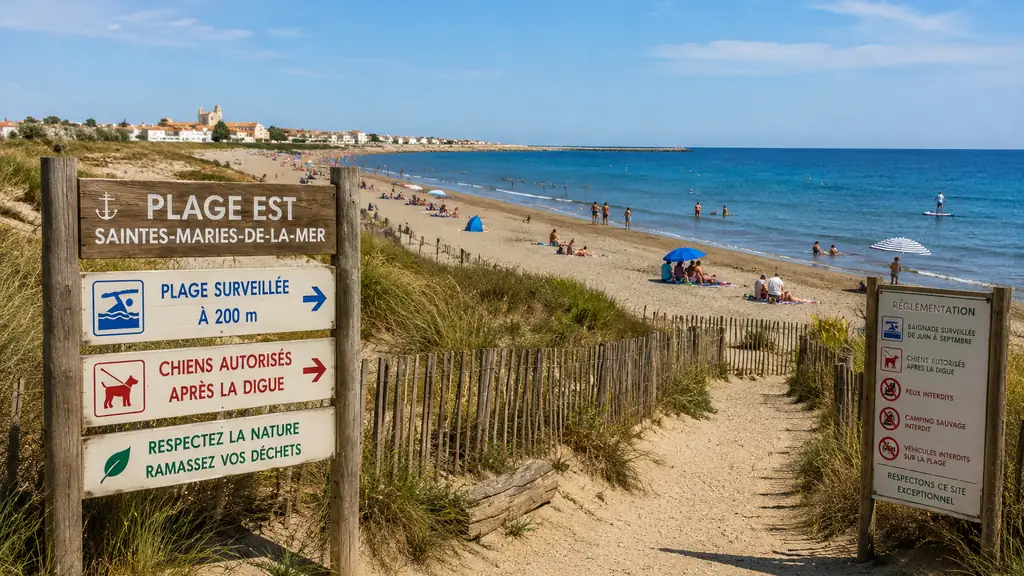 Plage sauvage aux Saintes-Maries-de-la-Mer avec dunes, mer Méditerranée et paysage naturel de Camargue
