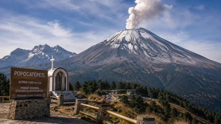 Volcan Popocatépetl au Mexique avec panache de fumée visible depuis un point d’observation en montagne.
