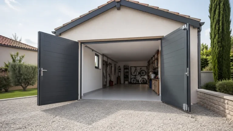 Porte de garage battante ouverte sur deux vantaux devant un garage de maison avec espace intérieur dégagé.