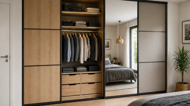 Porte de placard sur mesure coulissante avec miroir et finitions bois dans une chambre moderne avec dressing intégré.