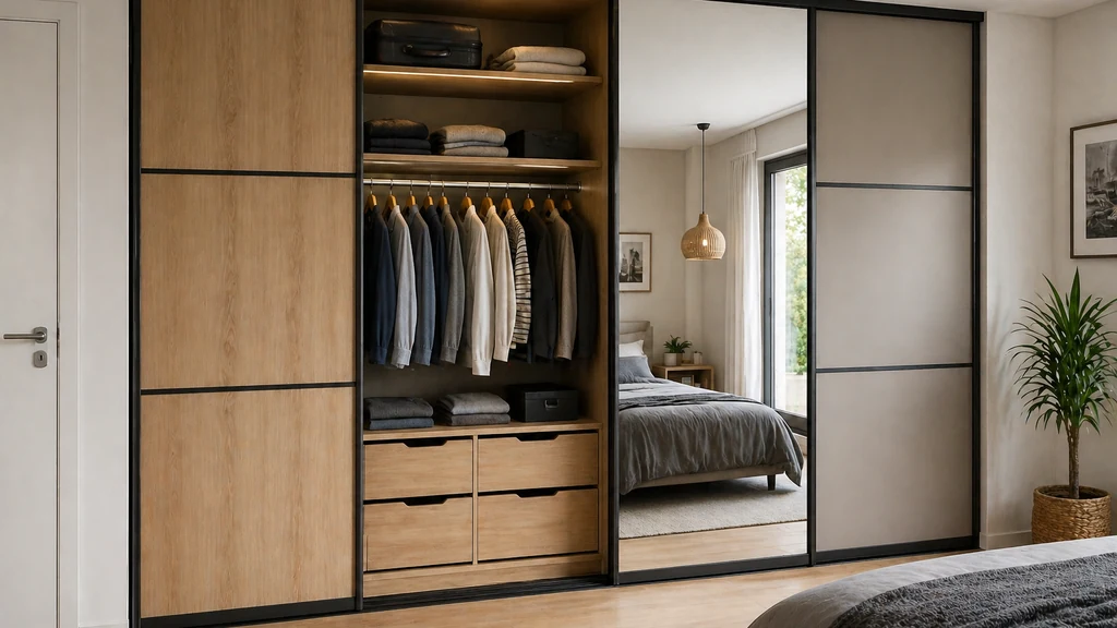 Porte de placard sur mesure coulissante avec miroir et finitions bois dans une chambre moderne avec dressing intégré.