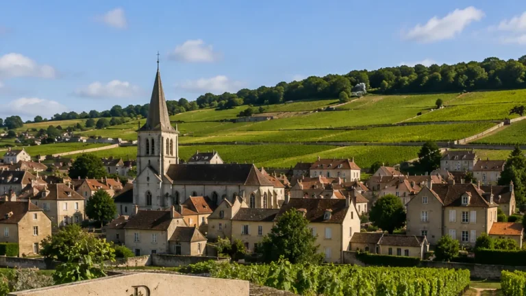 Vue des vignes et du village de Puligny-Montrachet en Bourgogne, avec l’église et les coteaux viticoles en arrière-plan.