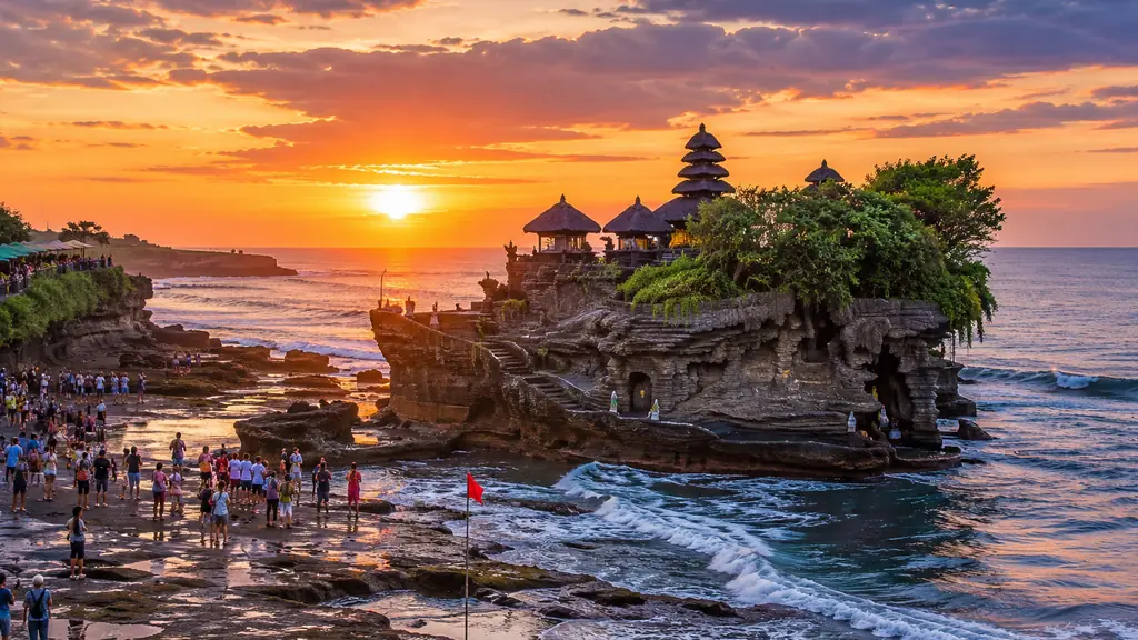 Temple Pura Tanah Lot à Bali au coucher du soleil, posé sur un rocher face à l’océan Indien avec des visiteurs sur la côte.