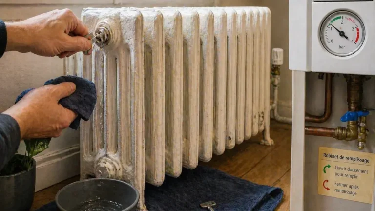 Purge d’un radiateur en fonte avec une clé de purge, chiffon et récipient pour récupérer l’eau.