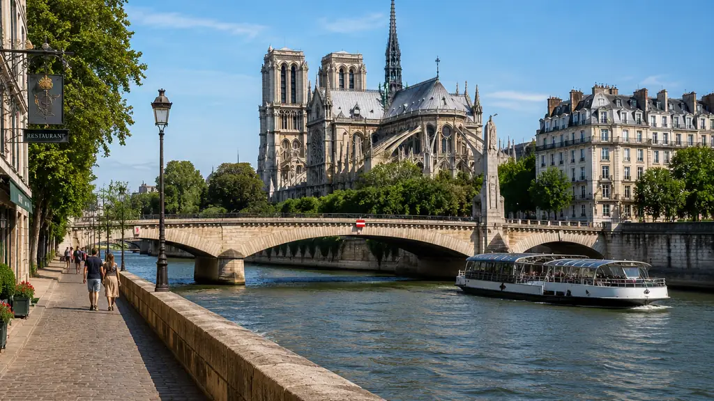 Vue réaliste du quai de la Tournelle à Paris avec la Seine, Notre-Dame et une promenade en bord de fleuve.