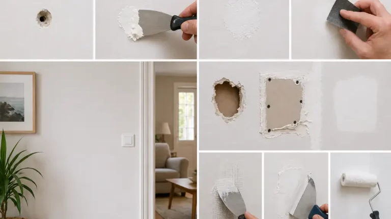 Réparation d’un mur intérieur avec enduit de rebouchage, ponçage et finition avant peinture.