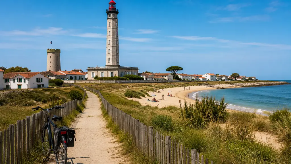 Vue réaliste du Phare des Baleines à Saint-Clément-des-Baleines avec plage, dunes et vélo sur l’île de Ré