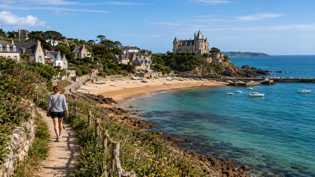 Sentier côtier à Saint-Briac-sur-Mer avec plage turquoise et château du Nessay.