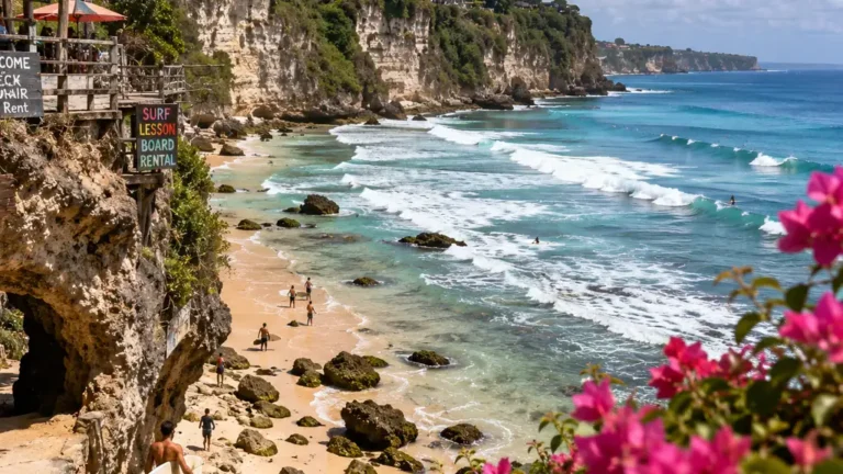 Uluwatu Beach à Bali avec falaises calcaires, vagues de surf et eau turquoise.