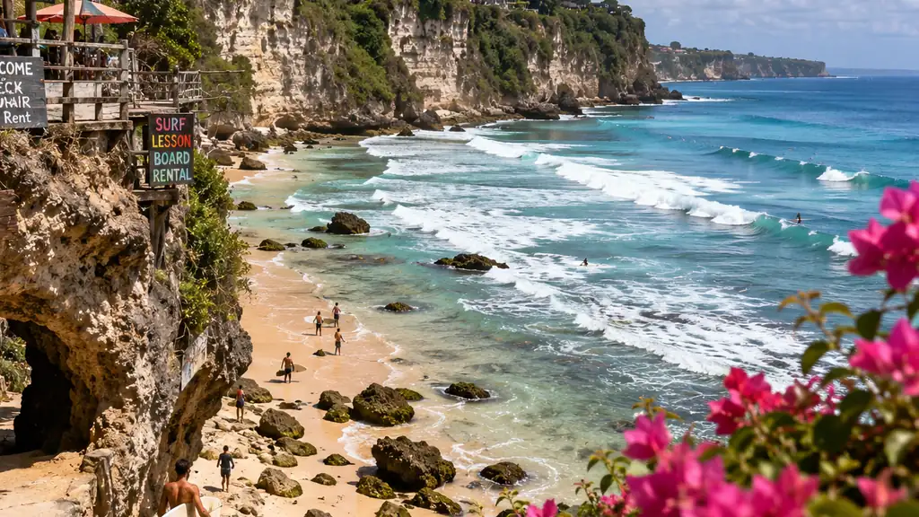 Uluwatu Beach à Bali avec falaises calcaires, vagues de surf et eau turquoise.