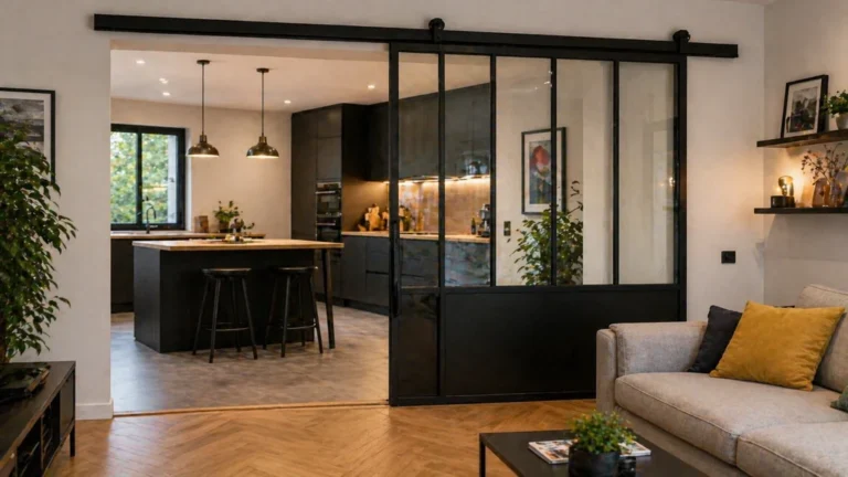 Verrière avec porte coulissante noire séparant une cuisine moderne et un salon lumineux.