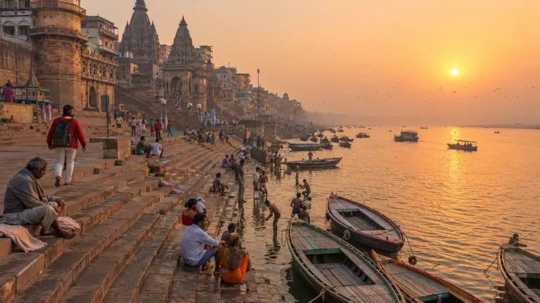Vue réaliste des ghâts de Varanasi au lever du soleil avec bateaux sur le Gange et temples anciens