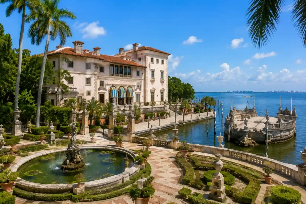 Villa Vizcaya à Miami avec jardins méditerranéens, fontaine et vue sur Biscayne Bay.