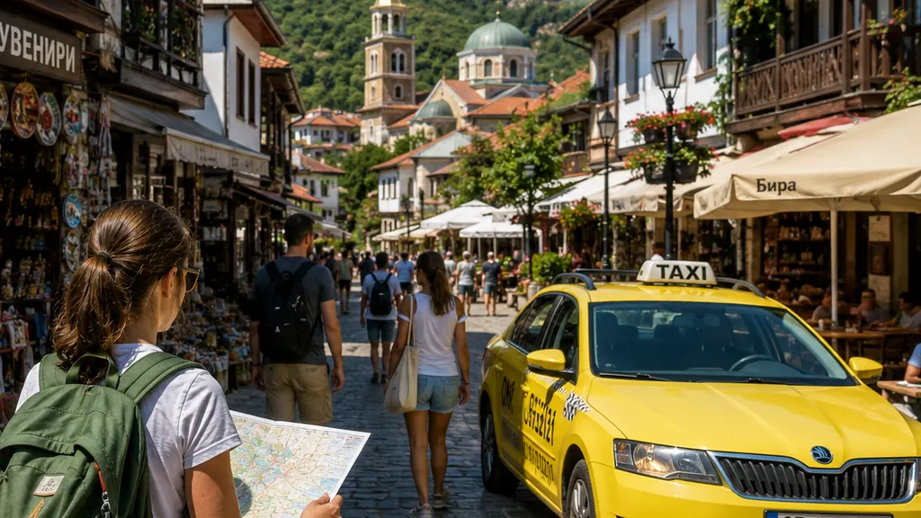 Voyageuse dans une rue touristique en Bulgarie avec taxi officiel, église orthodoxe et ambiance de vieille ville.
