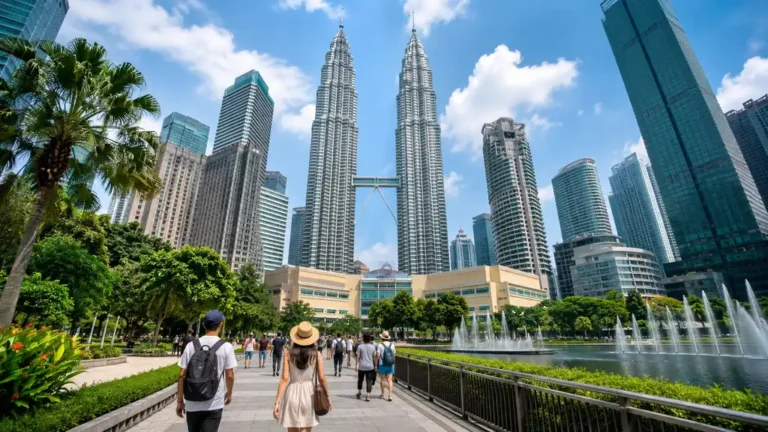 Vue sur les tours Petronas à Kuala Lumpur depuis le KLCC Park avec voyageurs, fontaines et skyline moderne de Malaisie
