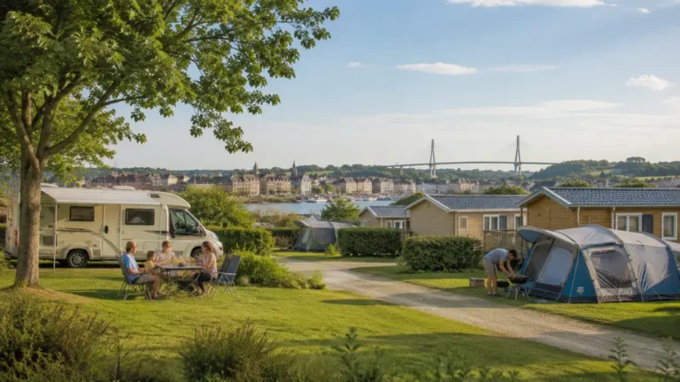 Camping près de Honfleur avec mobil-home, tente et vue sur le Pont de Normandie dans un cadre verdoyant