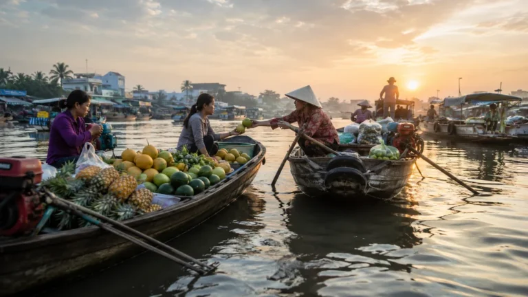 Marché flottant de Cai Rang à Can Tho avec bateaux chargés de fruits sur le delta du Mékong