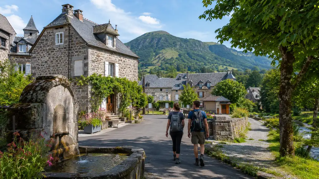 Village de Vic-sur-Cère dans le Cantal avec maisons en pierre, source thermale et montagnes verdoyantes en arrière-plan