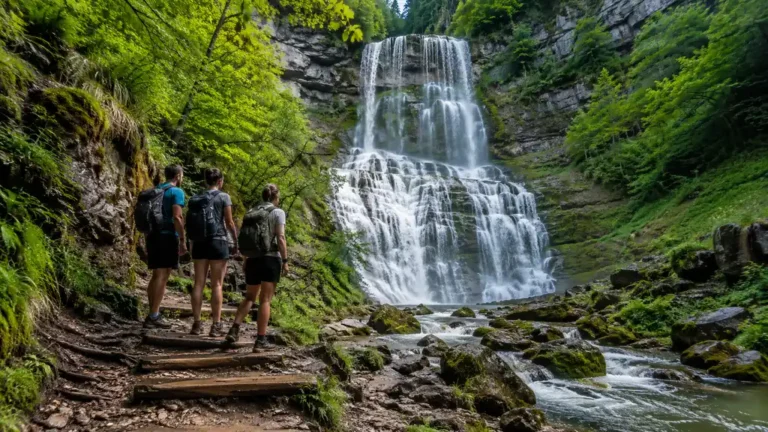 Cascades du Hérisson dans le Jura avec randonneurs sur un sentier forestier humide face à une grande chute d’eau