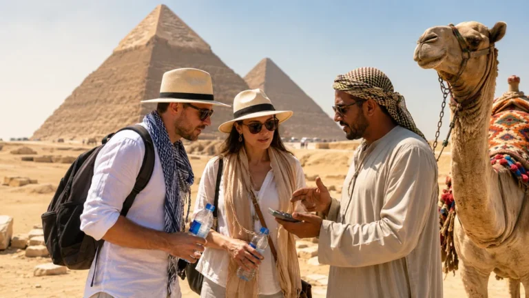 Touristes devant les pyramides de Gizeh en Égypte discutant avec un guide local près d’un chameau sous le soleil du désert