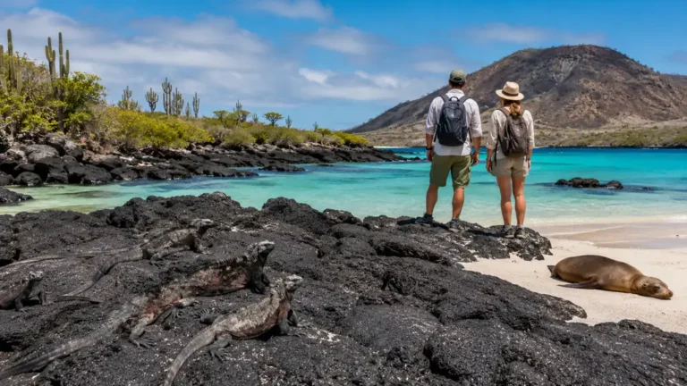 Îles Galápagos avec iguanes marins sur rochers volcaniques, lion de mer, eau turquoise et paysage naturel protégé