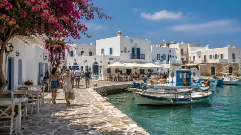 Port typique de Paros avec maisons blanches, bateaux de pêche et eau turquoise dans les Cyclades